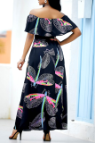 Fashion Print Flounce Off the Shoulder Waist Skirt Dresses