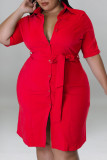 Casual Solid Patchwork Buckle Turndown Collar Straight Plus Size Dresses