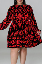 Casual Print Bandage Patchwork O Neck Straight Plus Size Dresses