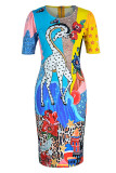 Casual Print Patchwork O Neck One Step Skirt Dresses