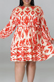 Casual Print Bandage Patchwork O Neck Straight Plus Size Dresses