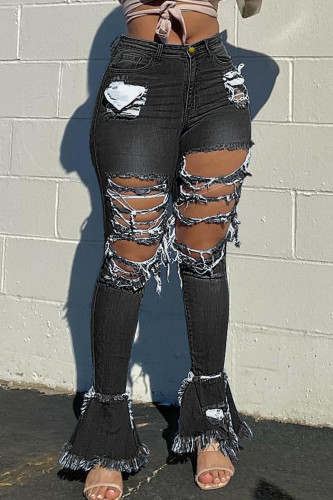 Sexy Street Solid Ripped Make Old Patchwork High Waist Boot Cut Denim Jeans