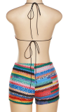 Sexy Patchwork Hollowed Out Halter Sleeveless Two Pieces
