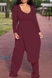 Casual Solid Patchwork Slit O Neck Plus Size Two Pieces
