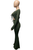 Sexy Solid Bandage Hollowed Out Patchwork V Neck Boot Cut Jumpsuits