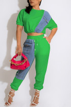 Casual Solid Patchwork O Neck Short Sleeve Two Pieces