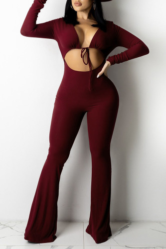 Sexy Solid Bandage Hollowed Out Patchwork V Neck Boot Cut Jumpsuits