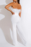 Sexy Solid Patchwork Feathers Strapless Straight Jumpsuits