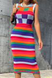 Fashion Striped Patchwork O Neck Pencil Skirt Dresses