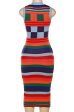Fashion Striped Patchwork O Neck Pencil Skirt Dresses