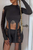 Sexy Solid Hollowed Out O Neck Long Sleeve Two Pieces