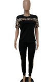 Casual Leopard Patchwork O Neck Short Sleeve Two Pieces