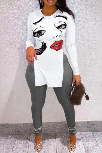 Fashion Casual Print Slit O Neck Long Sleeve Two Pieces