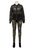 Fashion Sexy Patchwork Solid See-through Turndown Collar Long Sleeve Two Pieces