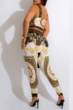 Fashion Casual Print Patchwork Backless O Neck Sleeveless Two Pieces