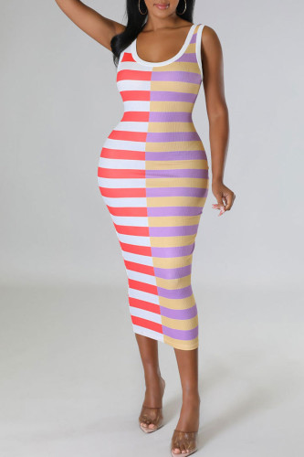 Casual Striped Print Patchwork U Neck Pencil Skirt Dresses