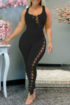 Sexy Casual Solid Bandage Hollowed Out U Neck Skinny Jumpsuits