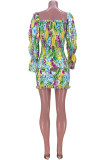 Fashion Sweet Print Patchwork Square Collar Pencil Skirt Dresses