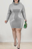 Fashion Sexy Solid Sequins Patchwork Feathers O Neck One Step Skirt Plus Size Dresses