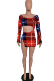 Sexy Plaid Print Hollowed Out Patchwork Slit O Neck Pencil Skirt Dresses
