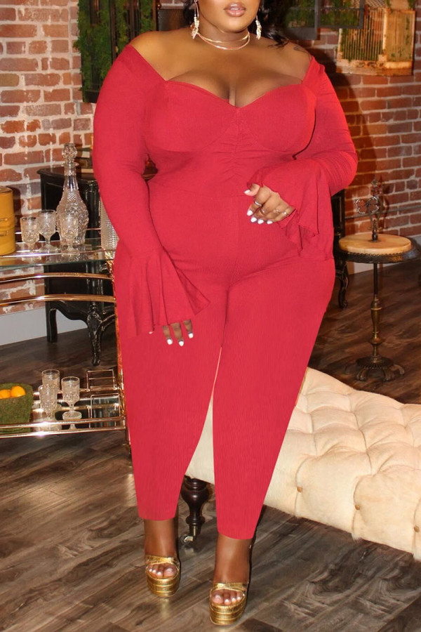 Sexy Solid Patchwork V Neck Plus Size Jumpsuits