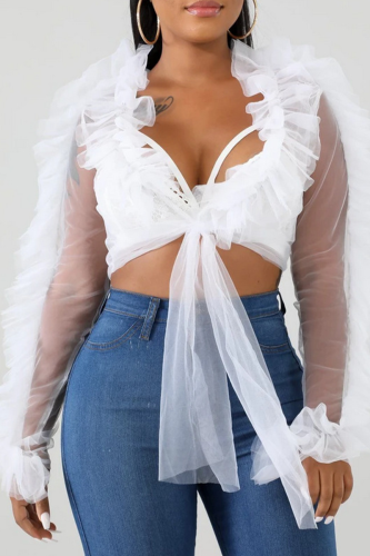 Sexy Solid Mesh V Neck Tops