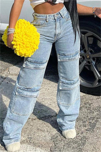 Fashion Casual Solid Patchwork High Waist Straight Denim Jeans