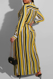 Fashion Casual Striped Print With Belt Turndown Collar Long Sleeve Plus Size Dresses