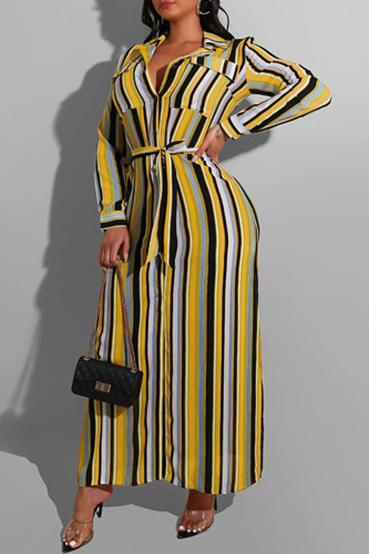 Fashion Casual Striped Print With Belt Turndown Collar Long Sleeve Plus Size Dresses