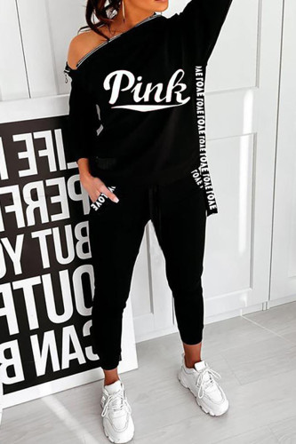 Fashion Casual Letter Print Patchwork Hooded Collar Long Sleeve Two Pieces