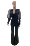 Fashion Solid Without Belt Mesh V Neck Boot Cut Jumpsuits