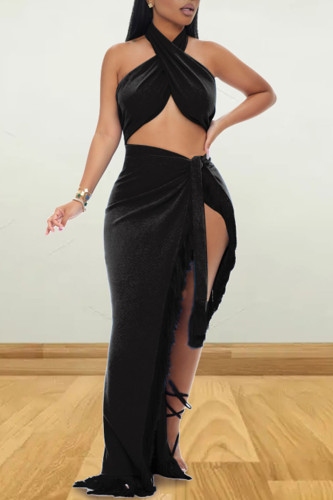 Sexy Solid Tassel Bandage Patchwork Asymmetrical Halter Sleeveless Two Pieces