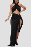 Sexy Solid Tassel Bandage Patchwork Asymmetrical Halter Sleeveless Two Pieces