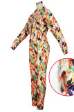 Fashion Casual Print Patchwork Buckle Turndown Collar Long Sleeve Two Pieces