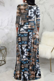 Casual Print Bandage Hollowed Out Patchwork O Neck Straight Dresses