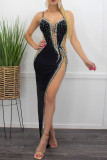 Sexy Formal Patchwork Hot Drilling See-through Backless Slit Spaghetti Strap Evening Dress