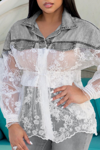 Sexy Patchwork Lace Turndown Collar Tops