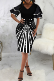 Fashion Print Flounce V Neck Pencil Skirt Dresses