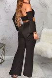 Sexy Solid Patchwork Frenulum Halter Long Sleeve Two Pieces
