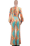 Fashion Casual Print Bandage Patchwork V Neck Straight Jumpsuits