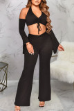 Sexy Solid Patchwork Frenulum Halter Long Sleeve Two Pieces