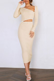 Sexy Solid Hollowed Out Patchwork Asymmetrical Asymmetrical Collar Pencil Skirt Dresses