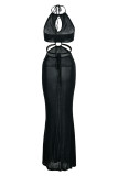 Fashion Sexy Solid Bandage Hollowed Out Backless Halter Long Dress