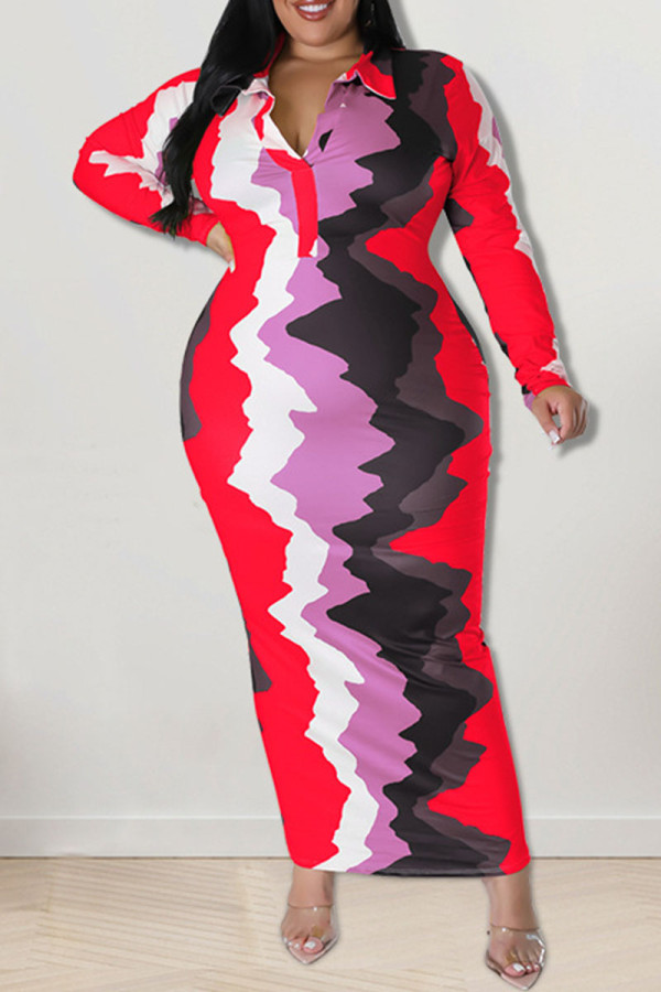 Casual Print Patchwork Turndown Collar One Step Skirt Plus Size Dresses