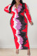 Casual Print Patchwork Turndown Collar One Step Skirt Plus Size Dresses