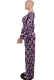 Casual Sweet Print Patchwork Oblique Collar Straight Jumpsuits