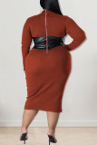 Fashion Sexy Solid Patchwork O Neck One Step Skirt Plus Size Dresses