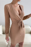 Casual Solid Hollowed Out Patchwork V Neck Long Sleeve Dresses