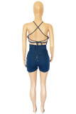 Sexy Casual Solid Backless Cross Straps O Neck Sleeveless Skinny Denim Romper