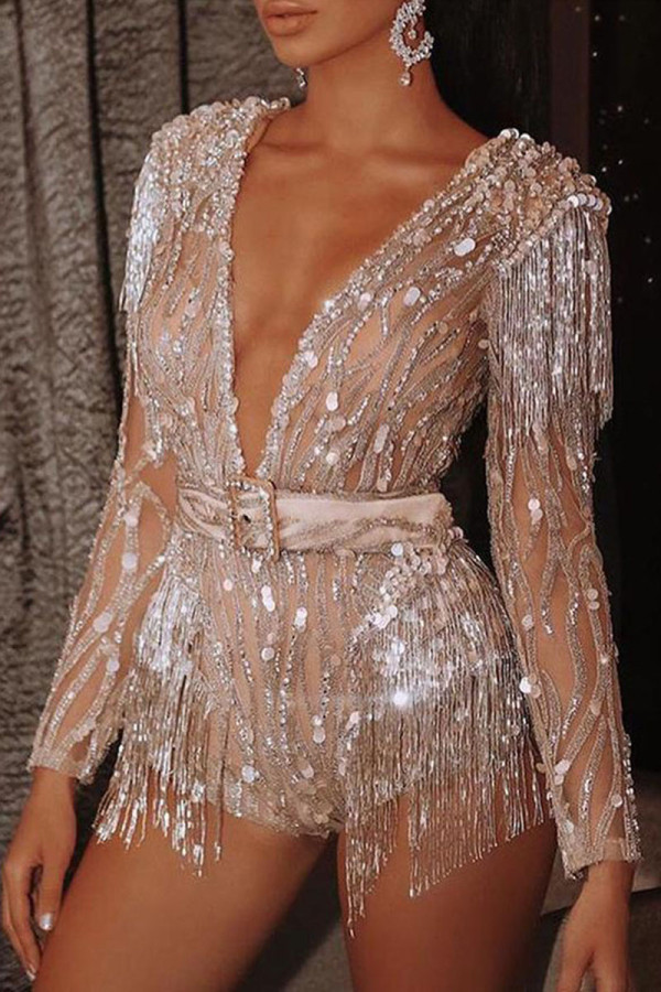 Sexy Solid Tassel Sequins Patchwork See-through V Neck Regular Rompers